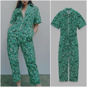 Zara floral printed jumpsuit zip up cotton